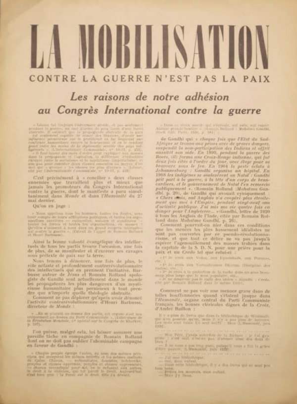 Le tract intitulé : la mobilisation contre la guerre n'est pas la paix